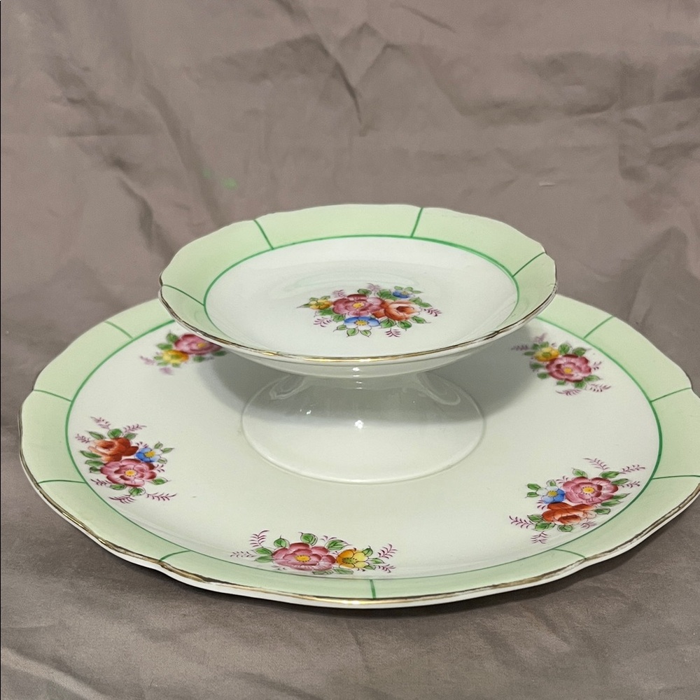 Vintage Coronation China from Japan, two-tiered dessert or cookie plate set.